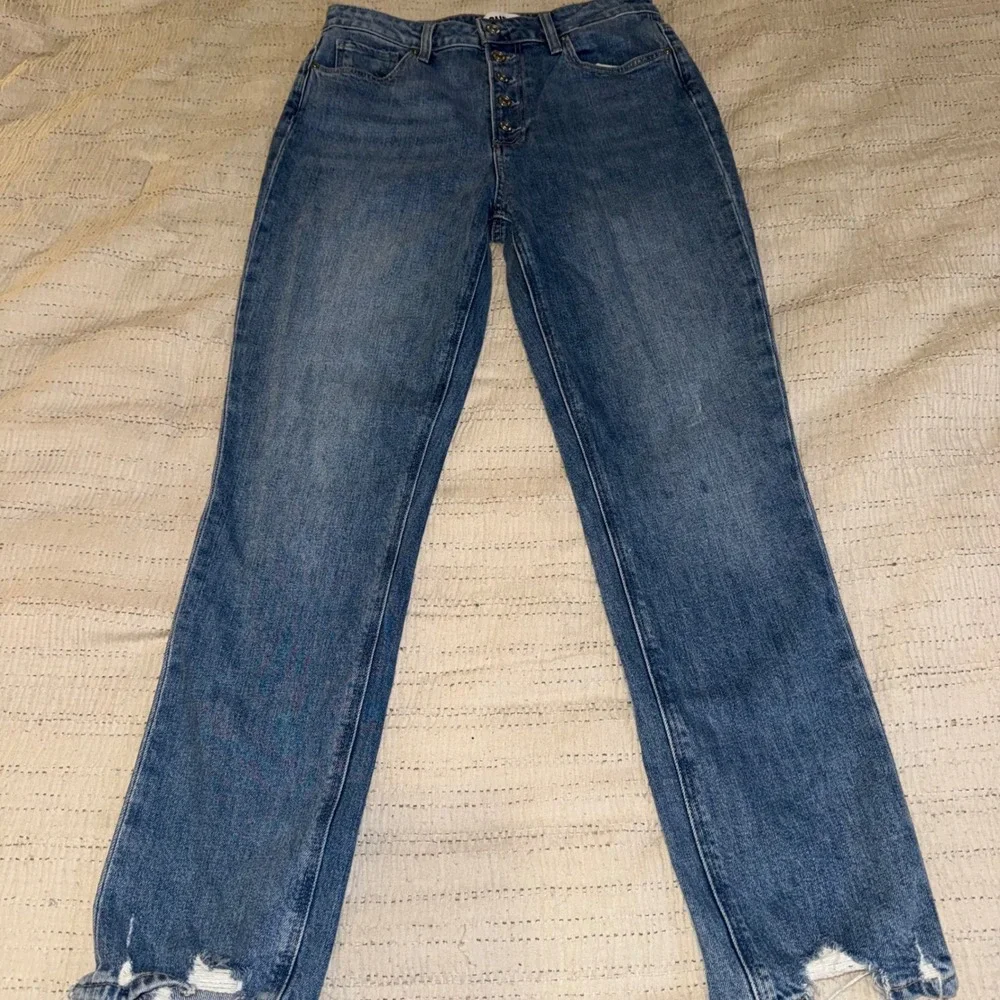 PAIGE‎ Sarah Slim High Rise Button Fly Raw Hem Jeans Blue Size 28